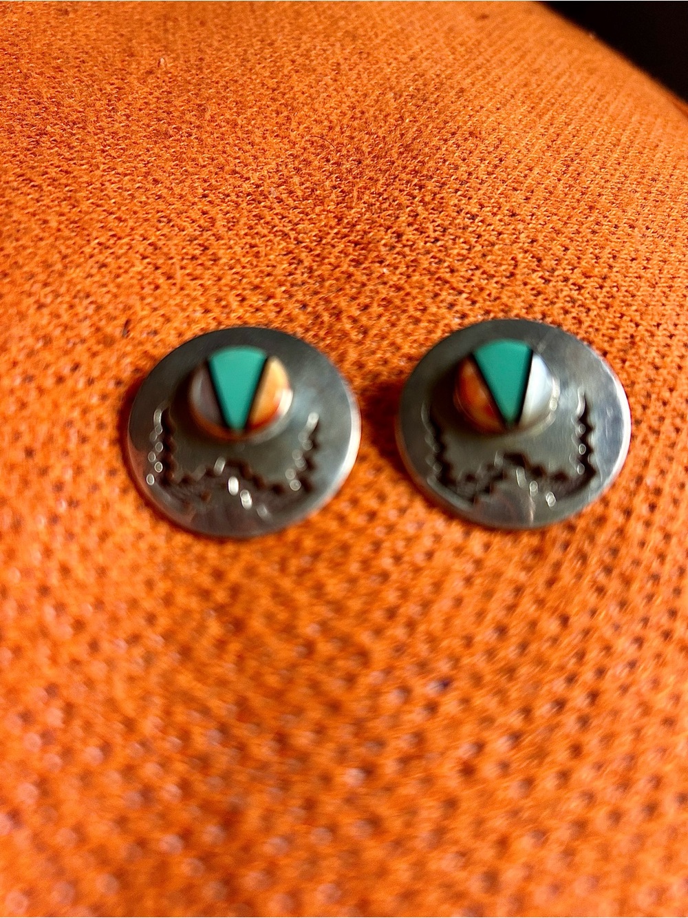 Turquoise, Coral mother of pearl Inlay Round sterling Silver Stud Earrings